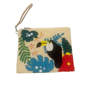 Women's Beaded Toucan Tropical Clutch Beige Multi-color